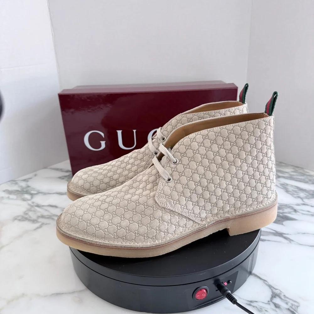 GUCCI GG Suede Desert Boots Embossed Oatmeal Tan Shoe, G 10+
